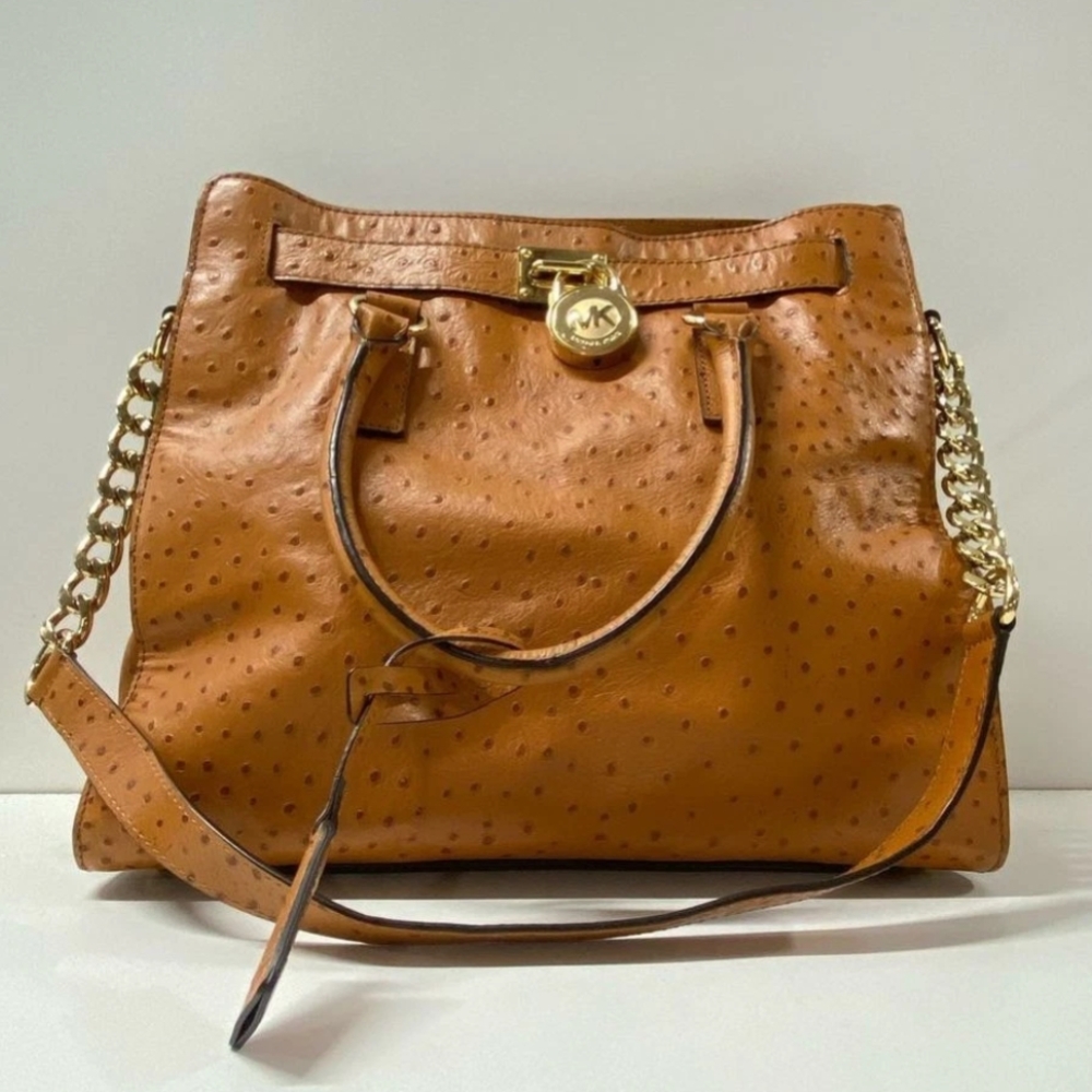 💖 Michael Kors Hamilton Ostrich Embossed Burnt Orange Brown wGold Chain Bag